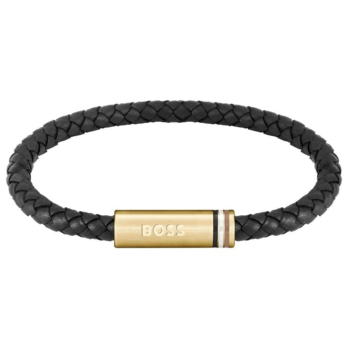 HUGO BOSS JEWELLERY MEN IONIC PLATED THIN GOLD STEEL & BLACK LEATHER Leather Bracelet — Ansicht 1